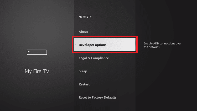 Selecting Developer Options within the My Fire TV settings menu