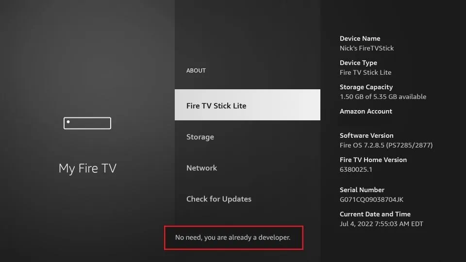 Confirmation message that Developer Options have been enabled on Firestick
