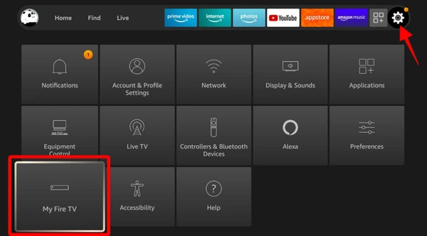 Opening My Fire TV settings in the Amazon Firestick system menu