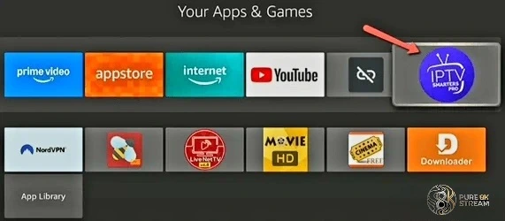 IPTV Smarters Pro icon appearing in the Firestick Your Apps section